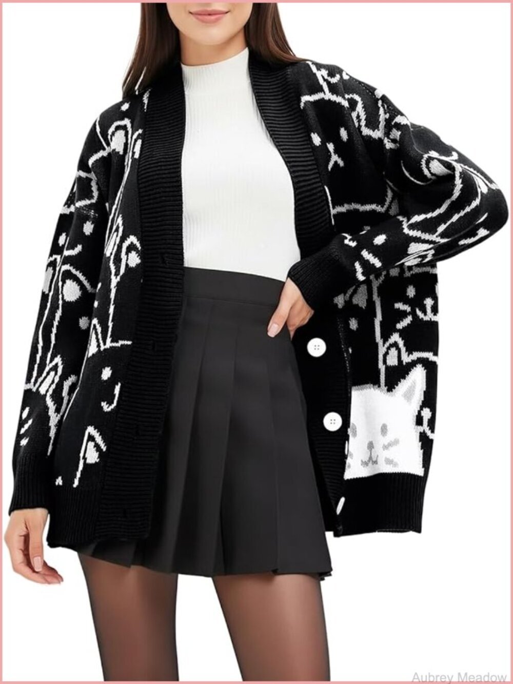 Oversized Cable Knit Open Front Cardigan with Cat Print